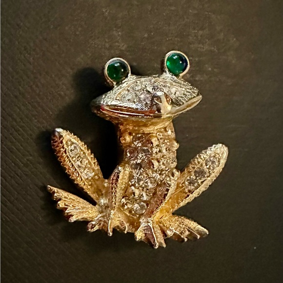 Gorgeous Piscitelli Vintage Pave Crystal Frog Brooch Pin Green Eyes - Picture 1 of 7